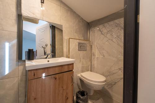 ein Badezimmer mit Toilette, Waschbecken und Spiegel in der Unterkunft Casa Nova Hotel in Istanbul