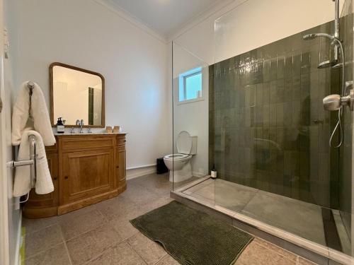 a bathroom with a shower and a toilet and a sink at The Nook in Greytown