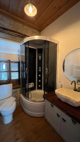 a bathroom with a shower with a toilet and a sink at SİSU ALAÇATI OTEL in Çeşme