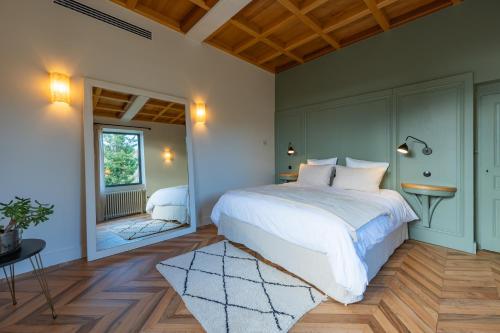 a bedroom with a large white bed and a mirror at La Maison et l'Orangerie in Saint-Jean-des-Vignes