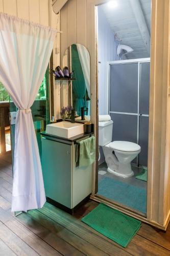 a bathroom with a toilet and a mirror at Sítio Temporada in Guabiruba