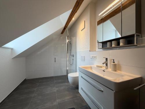 a bathroom with a sink and a toilet at Schloss Espasingen Apartment 4 in Stockach