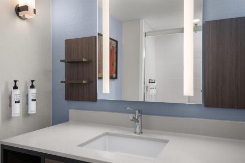 a bathroom with a sink and a mirror at Hilton Garden Inn Indianapolis/Carmel in Carmel