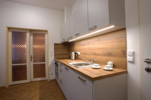 a kitchen with a sink and a wooden wall at Apartmán Na Valešince in Příbram