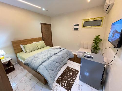 a bedroom with a bed and a flat screen tv at Nefertiti guest house view pyramids in Cairo