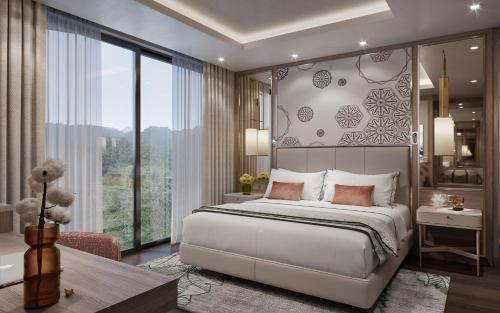 a bedroom with a large bed and a large window at Sinnada Resort & Thermaland in Afyon