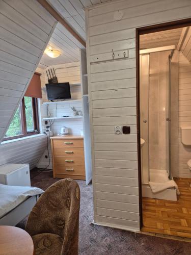 a small room with a shower and a bedroom at Agroturystyka U BOŻENY in Przysłup