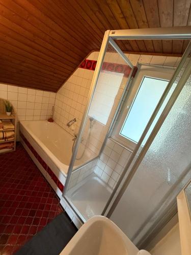 a bathroom with a tub and a toilet and a window at Tälealpakahof in Alpirsbach