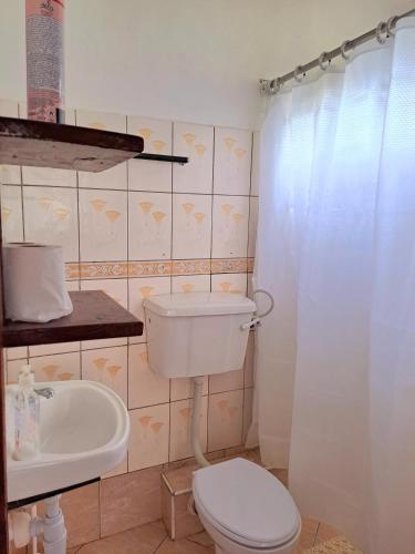 a bathroom with a toilet and a sink at Elna's Haven Diani Palms - 5min walk to the beach, serene and culinary services in Ukunda