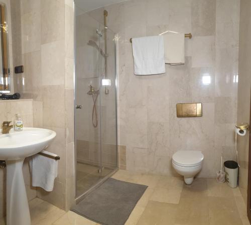 a bathroom with a shower and a toilet and a sink at Traumhaus im Wald in Tutzing