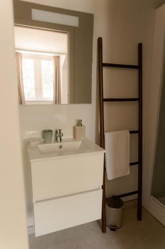 a bathroom with a white sink and a mirror at ABBAYE DE BLANCHELANDE in Neufmesnil