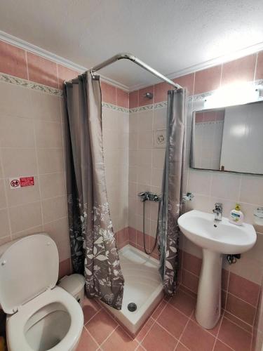 a bathroom with a shower and a toilet and a sink at Golden Horizon Haven in Preveza