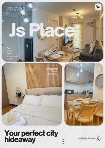 eine Fotocollage eines Schlafzimmers und einer Küche in der Unterkunft Js Place at Arezzo Place Davao in Davao City