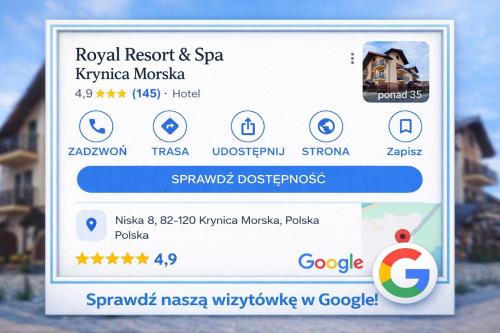 a screenshot of the royal resort and spa kyrgyzstan website at ROYAL Villa RESORT & SPA - Jacuzzi, Sauna, MELEX na plażę, Masaże, Apartamenty z kuchnią, Widok na Zalew Wiślany in Krynica Morska