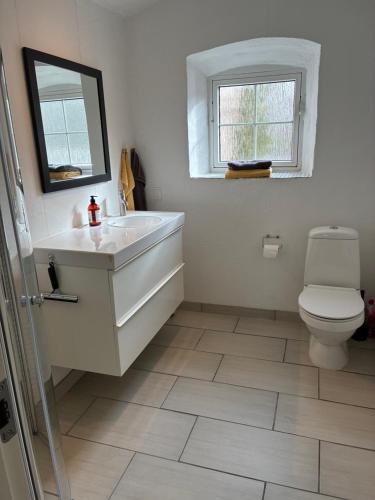 a white bathroom with a sink and a toilet at Klitgaards Holiday Apartment in Mejeriby