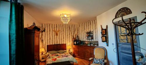 a bedroom with a bed and a chandelier at chambre O'nids in Cahors