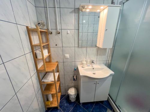 a small bathroom with a sink and a mirror at Robinson Apollon in Gdinj