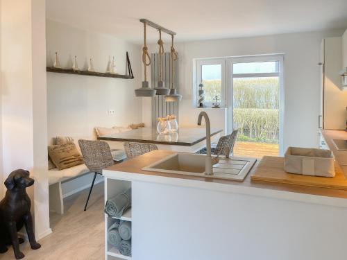 a kitchen with a sink and a table with a dog at Strandbude in Timmendorfer Strand