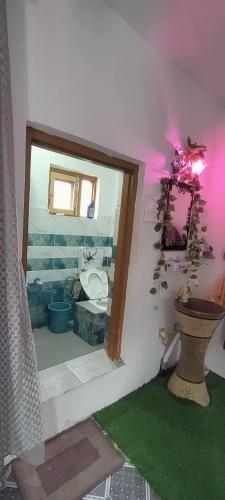 a room with a bathroom with a toilet and a window at Scenic Mountain Hut Naranag in Kangan