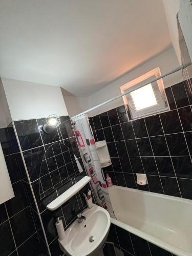 a bathroom with a sink and a toilet and a tub at NiC Apartment in Râmnicu Vâlcea