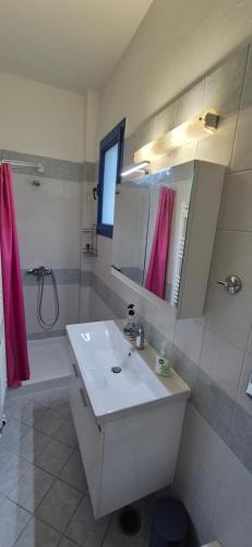 a bathroom with a sink and a shower and a mirror at Villa Avra - Apartment Hydra in Asgourou