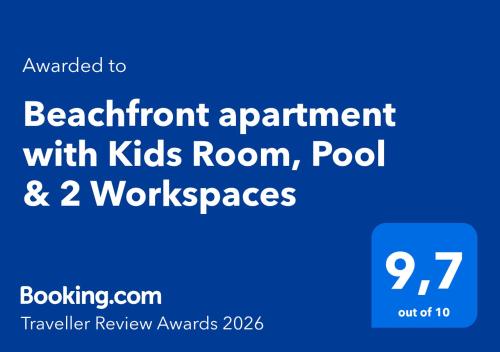 a blue sign with the textonement appointment with kids room pool and works at "99 steps to the beach" Beachfront apartment with Kids Room, Pool & 2 Workspaces in Limassol