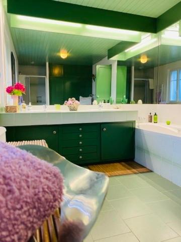 a bathroom with green cabinets and a large mirror at La Villa Rose in Blaye