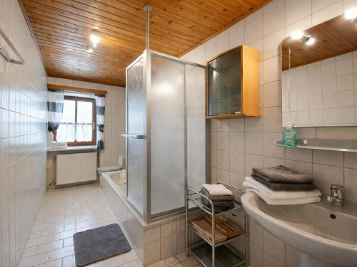 a bathroom with a shower and a sink at Gschwandnerhof in Michelsneukirchen
