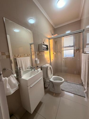 a bathroom with a sink and a toilet and a shower at Demmys Comfort in Cape Town