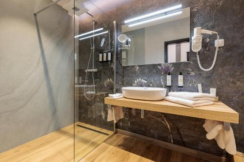 a bathroom with a sink and a shower at Darovanský Dvůr - Wellness & Golf Hotel in Břasy