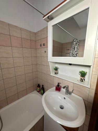 a bathroom with a sink and a mirror and a tub at Η Μουριά in Konitsa