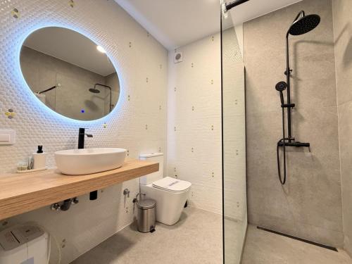 a bathroom with a toilet and a sink and a mirror at Apartamento Calle Limón in Santander