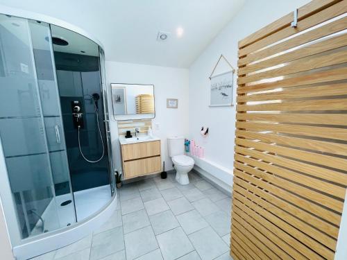 a bathroom with a shower and a toilet at Les Hirondelles B in Le Crotoy