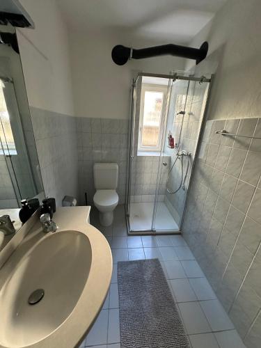 a bathroom with a sink and a shower at Gemütliche Wohnung im Borgo Ascona in Ascona