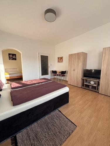 a bedroom with a large bed and a flat screen tv at Ferienwohnung Maks und Kris in Sankt Andrä bei Frauenkirchen