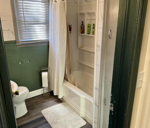 a bathroom with a toilet and a tub and a sink at Afternoon checkout in Moorhead