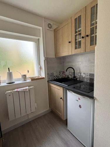 a kitchen with a white refrigerator and a sink at Sur Egletons - Le Cocon Egletons in Égletons
