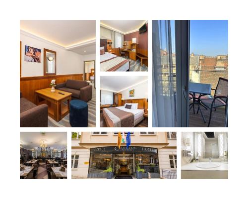 a collage of four pictures of a hotel room at Carlton Hotel Buda Castle in Budapest