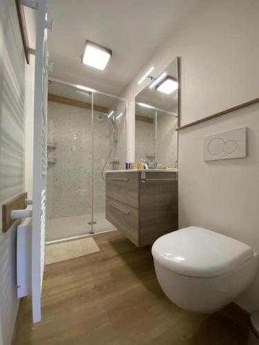 a bathroom with a toilet and a shower and a sink at Petit péric in Puyvalador