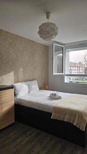 a bedroom with a large bed and a window at T3 idéalement situé in Mérignac