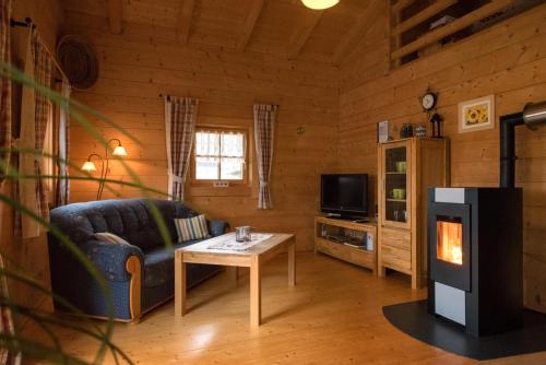 ein Wohnzimmer mit einem Sofa und einem Kamin in einer Blockhütte in der Unterkunft Pfenniggeiger-Hütte in Philippsreut