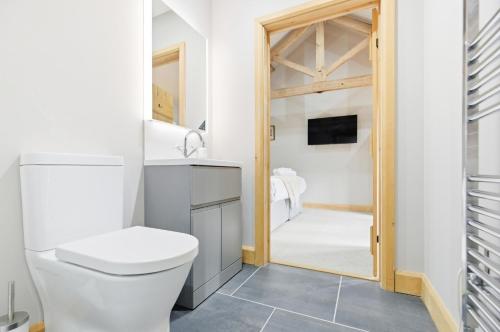 a bathroom with a toilet and a mirror at The Saddlery in Norwich