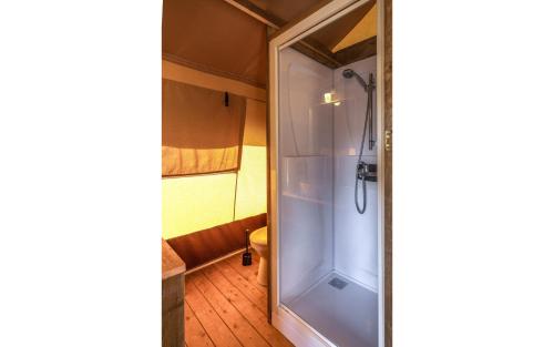 a shower in a bathroom with a glass door at Lodge Holidays - Vrijhaven Heeg in Heeg