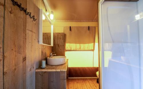 a small bathroom with a sink and a window at Lodge Holidays - Vrijhaven Heeg in Heeg