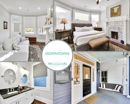 a collage of photos of a bedroom and a bathroom at The Simmons House on 5th Ave in Wilmington