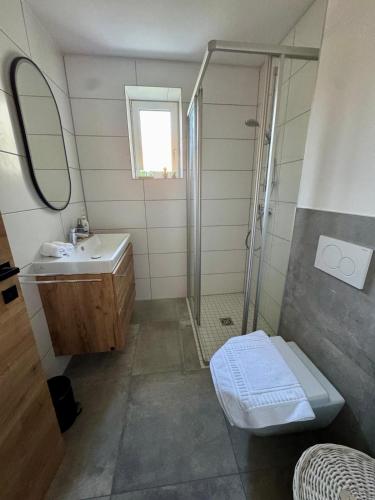 a bathroom with a shower and a sink and a toilet at Komfortables Innenstadt-Apartment WOLF - Zentrumlage in Sankt Pölten