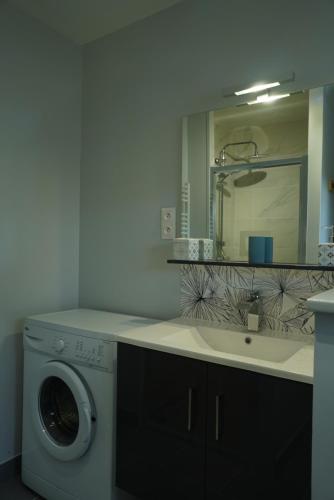 a bathroom with a washing machine and a sink at Maison individuelle in Triac-Lautrait