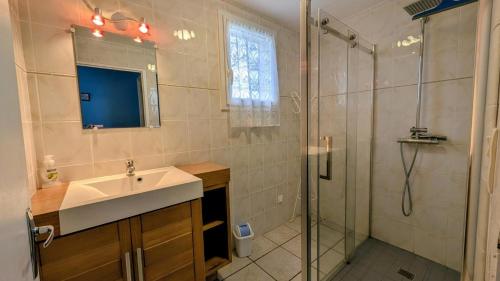 a bathroom with a sink and a shower at Chez mamie couture in Bussière-Boffy