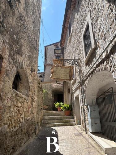 an alley in an old stone building with stairs and plants at Belvedere Benedetto in Castelnuovo Parano