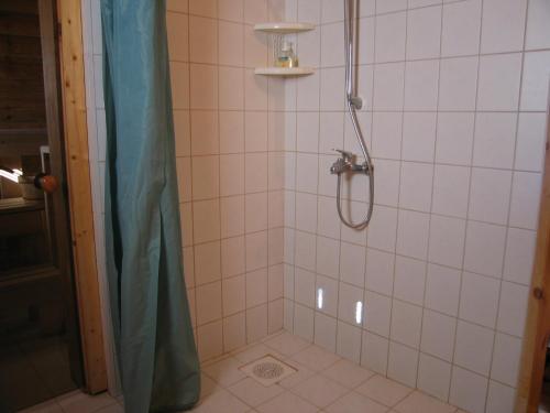 y baño con ducha y cortina de ducha. en Partsilombi Holiday Home, en Otepää